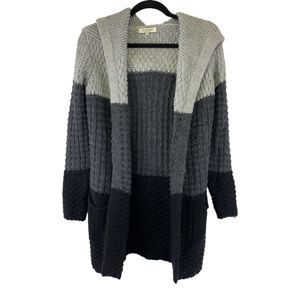 Cocagio Hooded Cardigan Sweater Knit Open Gray Black Wool Blend Italy Medium